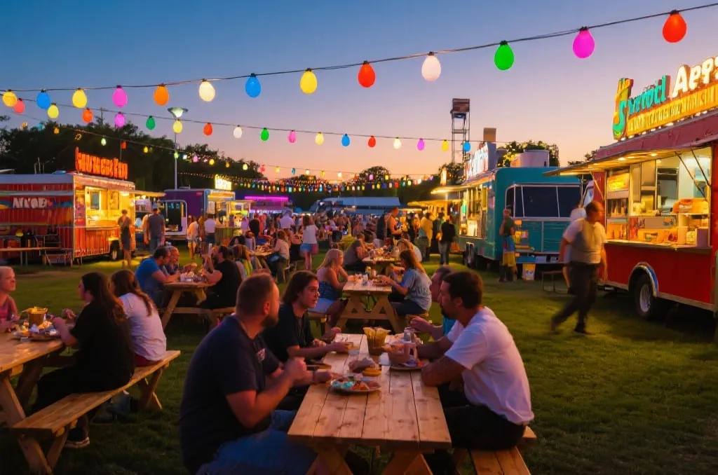 Lively outdoor food truck park and dining area at a sports festival under string lights