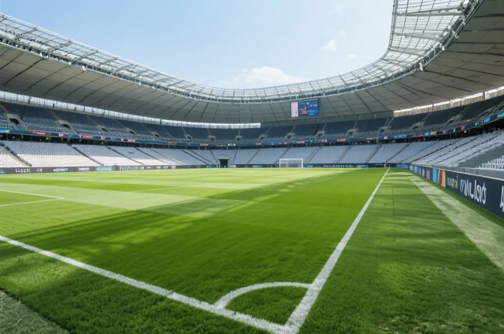 A wide scenic view of a modern professional soccer pitch with lush hybrid grass inside a grand stadium
